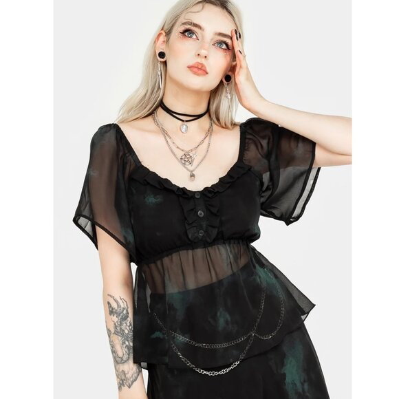 Disturbia Lichen Chiffon Top US Size 6 Sheer Black Green Watercolor Gothic Goth - Picture 1 of 10